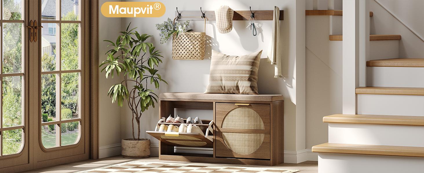 Vabches Rattan Entryway Bench with Seat Cushion & Coat Rack, Shoe Storage Cabinet with 2 Flip Drawers, Narrow Shoe Rack, 5 Sturdy Metal Hooks, Rustic Oak Rattan