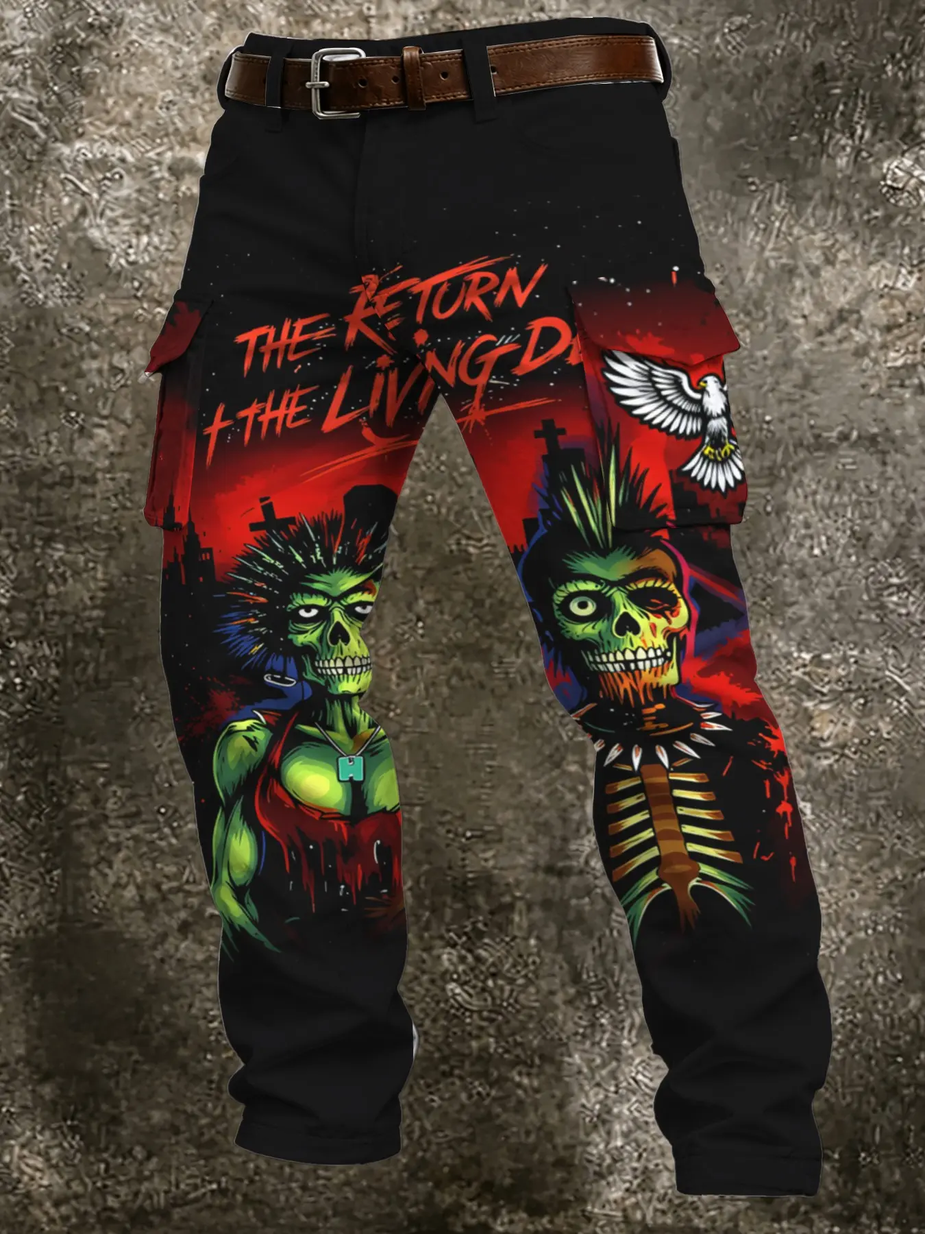 Men's Dark Punk Zombie Print Work Pants, Base Gradient Leather Zombie Graffiti, Casual Fall Winter Streetwear