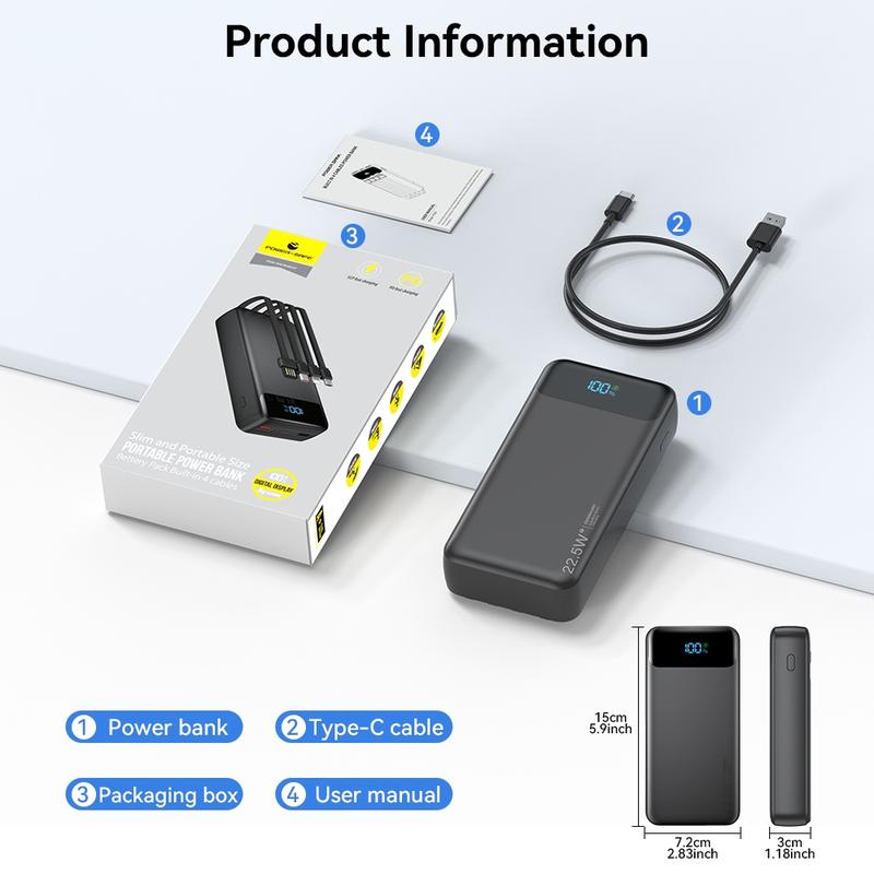 20000mAh large-capacity portable charger, with 4 cables and 6 outputs, PD20W fast charging digital display battery pack, suitable for power banks during travel and outdoor activities