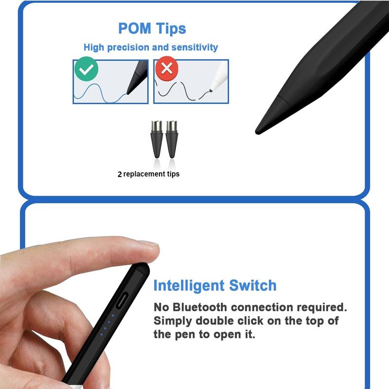 Stylus Pens for Touch Screens Power-Display Tablet Pen POM Tip Magnetic Digital Touch Pen Compatible with iPhone/iPad/iPad Pro/Lenovo/and Other iOS/Android Smartphone and Tablet Devices (Black) Touchscreen Pen USB Rechargeable Stylus