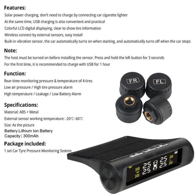 Solar Car Tire Pressure Monitoring System, Wireless TPMS with LCD Display, Real Time Tire Pressure Gauge, Replacement Valve Included