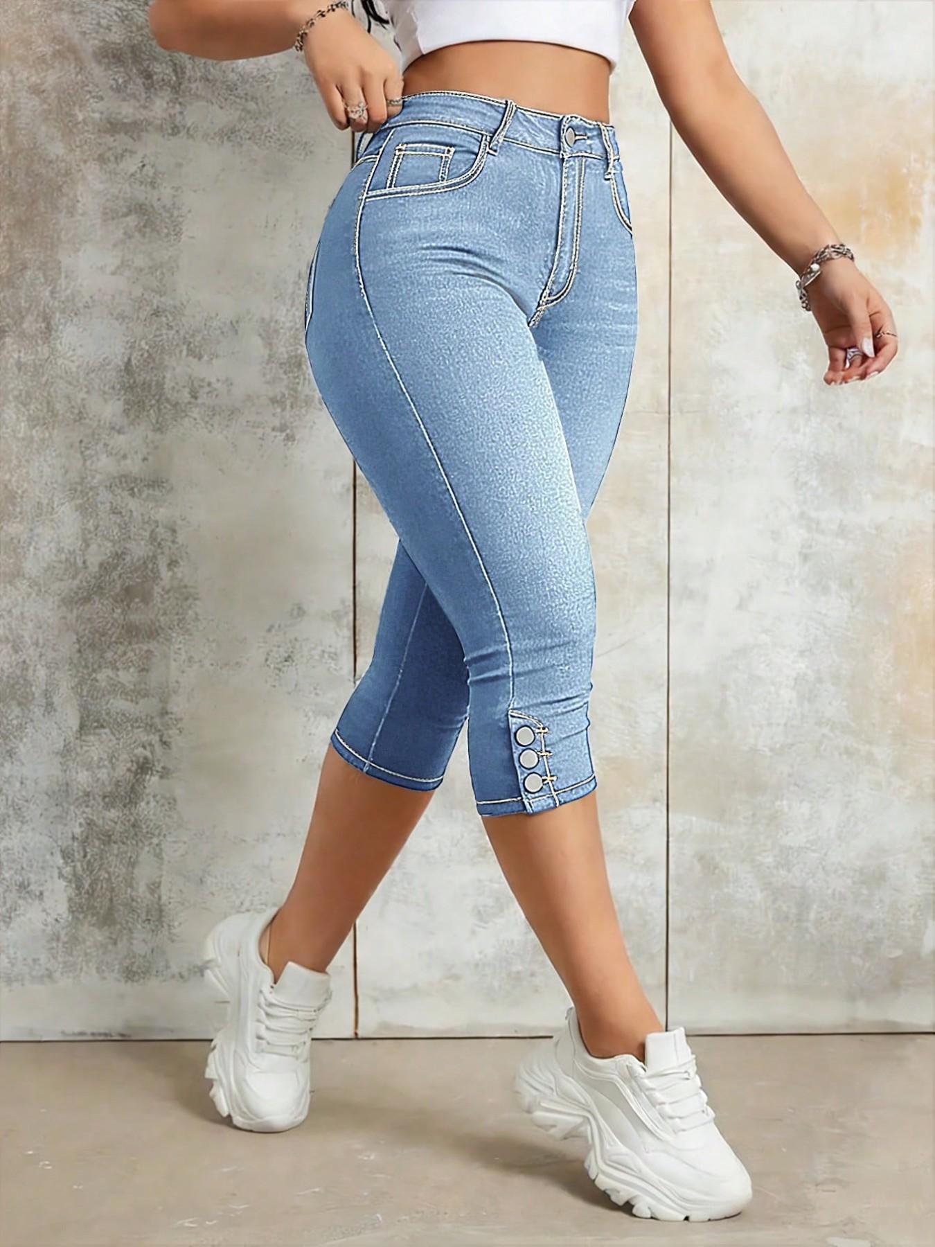 Women's Pockets Button Stretch Slim Fit Denim Capri Jeans Pants, Casual Butt-Lifting Daily Wear for All Seasons
