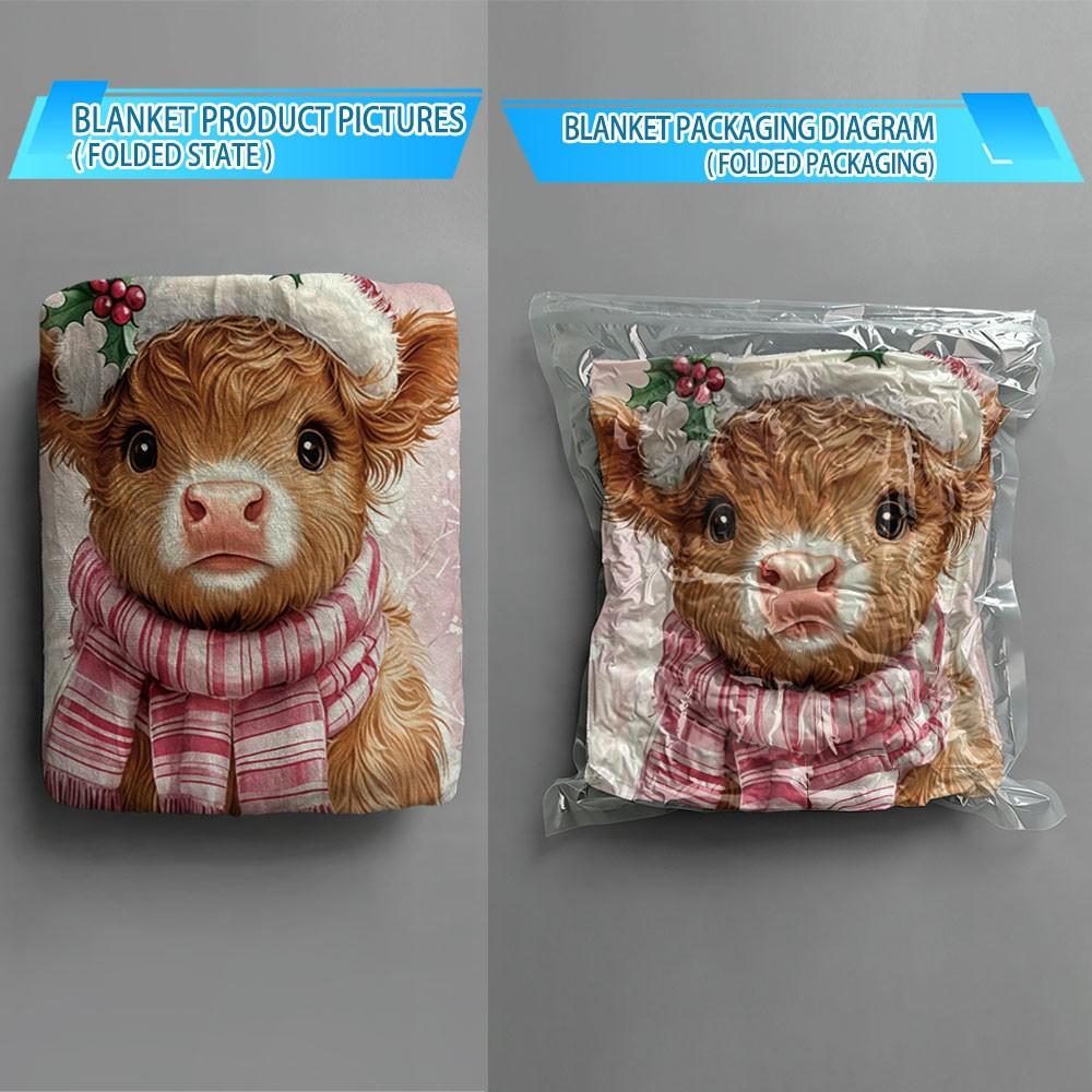1 Pack Scarf Wearing Highland Cow Christmas Flannel Blanket, Soft Warm Throw for Couch, Car, Office, Camping X‑mas Gift