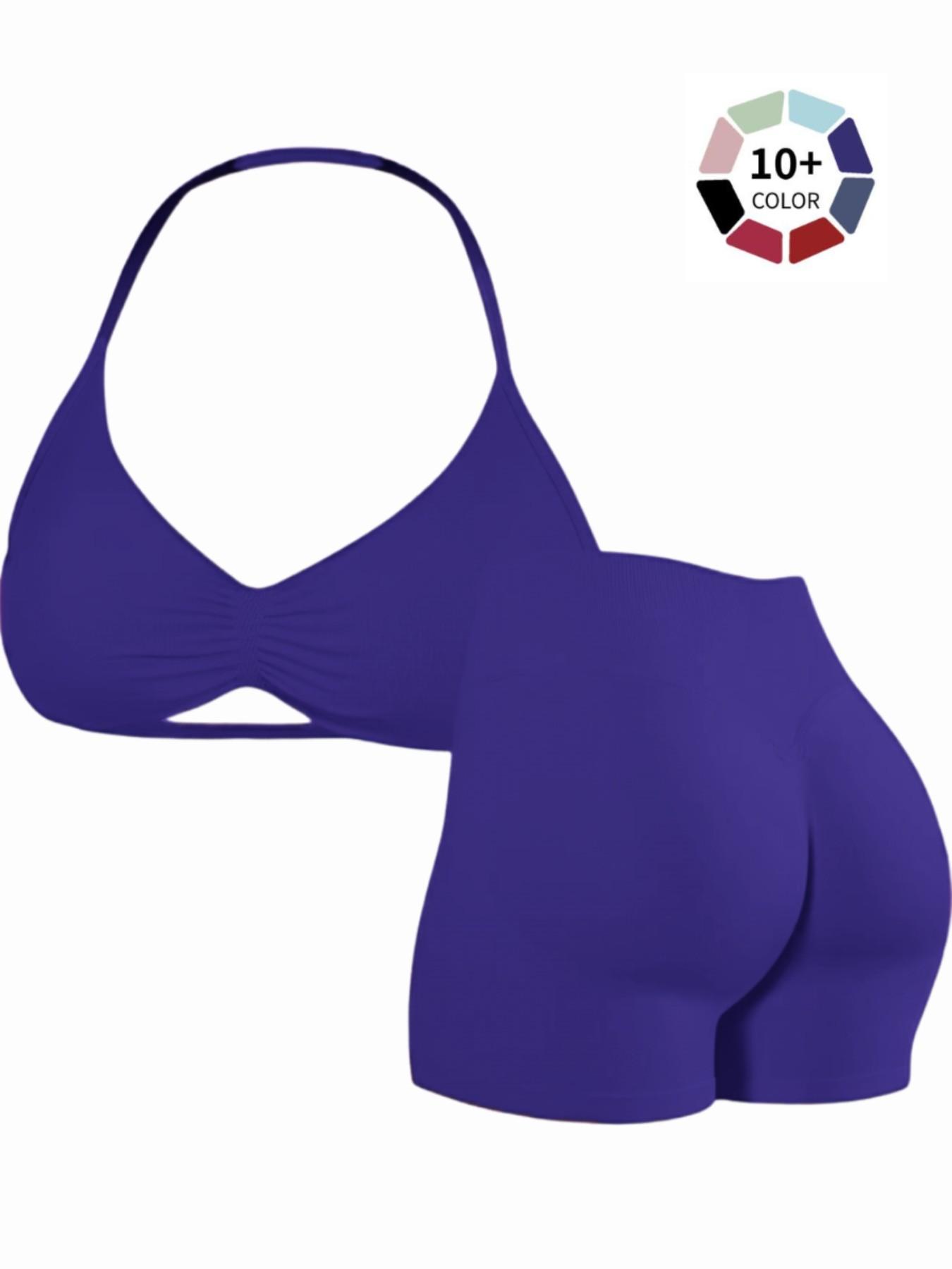 Women's Two-Piece Set, Solid Color Halter Top & High Waist Shorts, Sporty Breathable Quick-Dry for Yoga Gym Workout Running