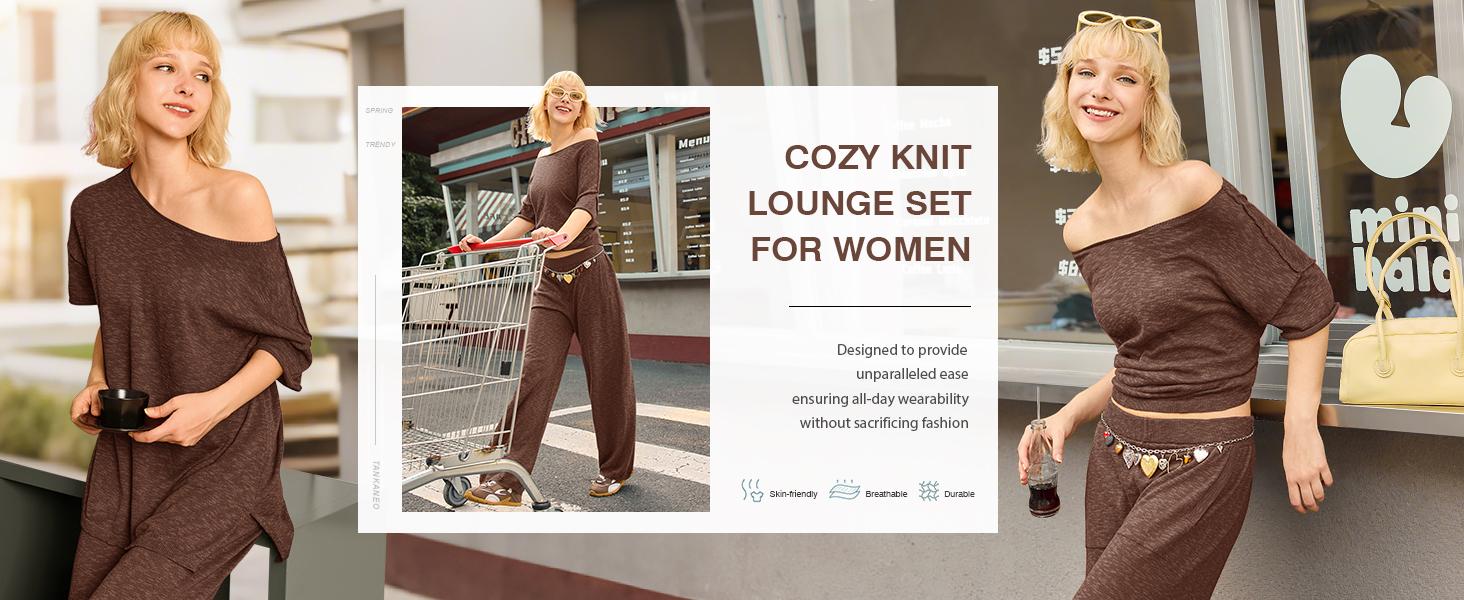 Imily Bela Women's 2 Piece Travel Outfits Casual Short Sleeve Knit Pullover Tops Wide Leg Pants Lounge Sets Tracksuit