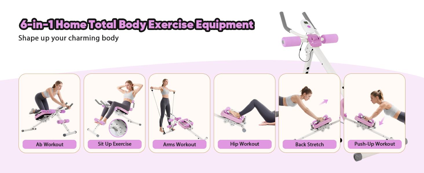6 in 1 Multifunctional Ab Machine, Adjustable Ab Workout Equipment, Ab ＆ Sit Up Machine for Stomach Workout, Foldable Abdominal Trainer with Knee and Back Protection, Full Body Workout for Home