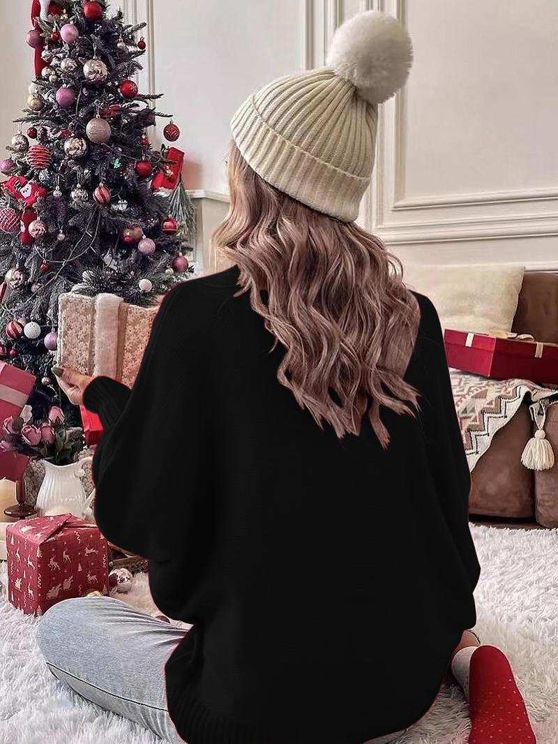 Women's Letter Pattern Batwing Sleeve Turtleneck Sweater, Casual Long Sleeve Jumper for Fall & Winter, Fashion Ladies' Knitwear for Daily Wear