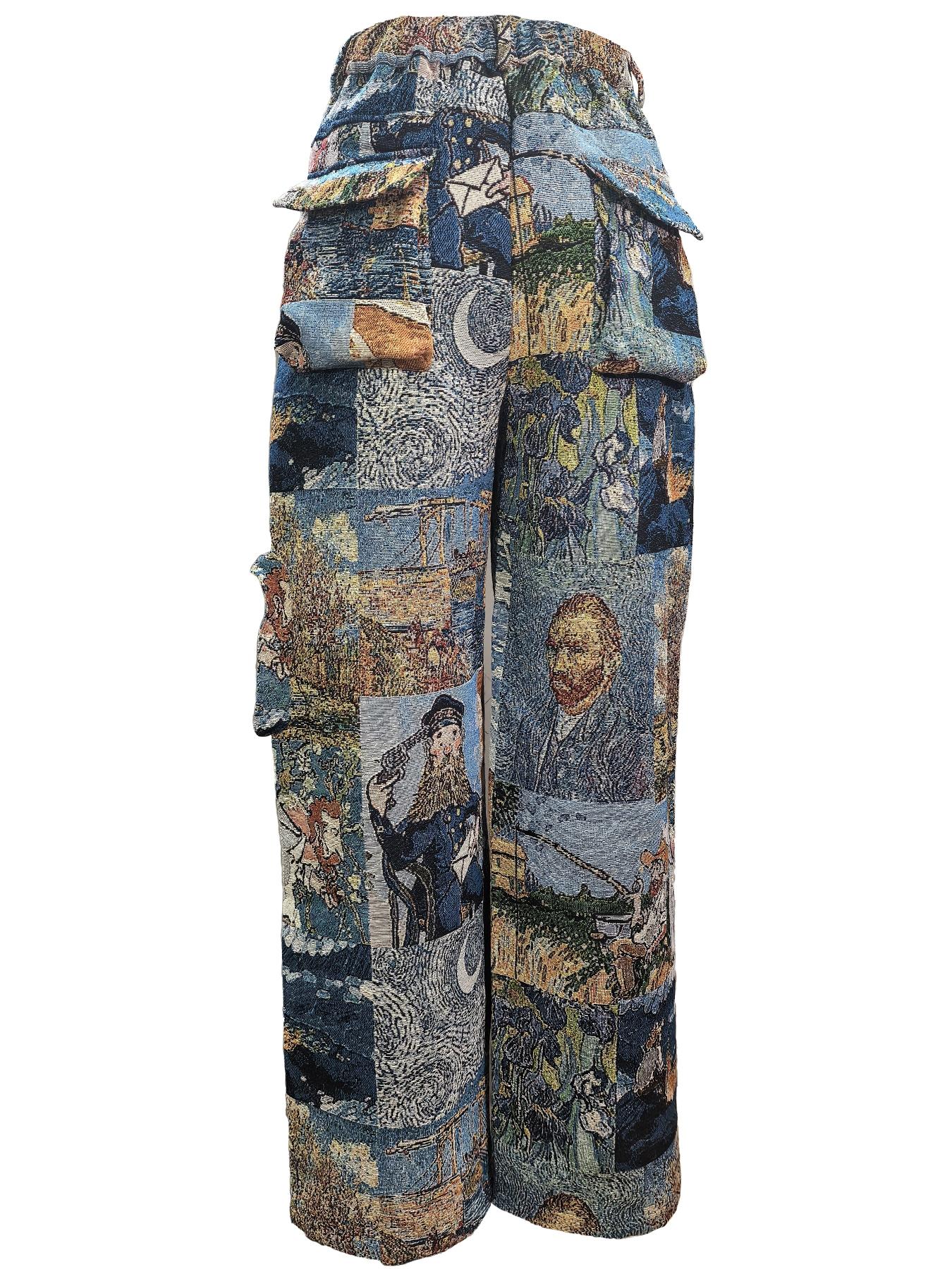 Women's Patchwork Art Print Pocket Cargo Pants, Casual Street Trousers for Daily Wear, Ladies Bottoms for All Seasons, Baggy Pants