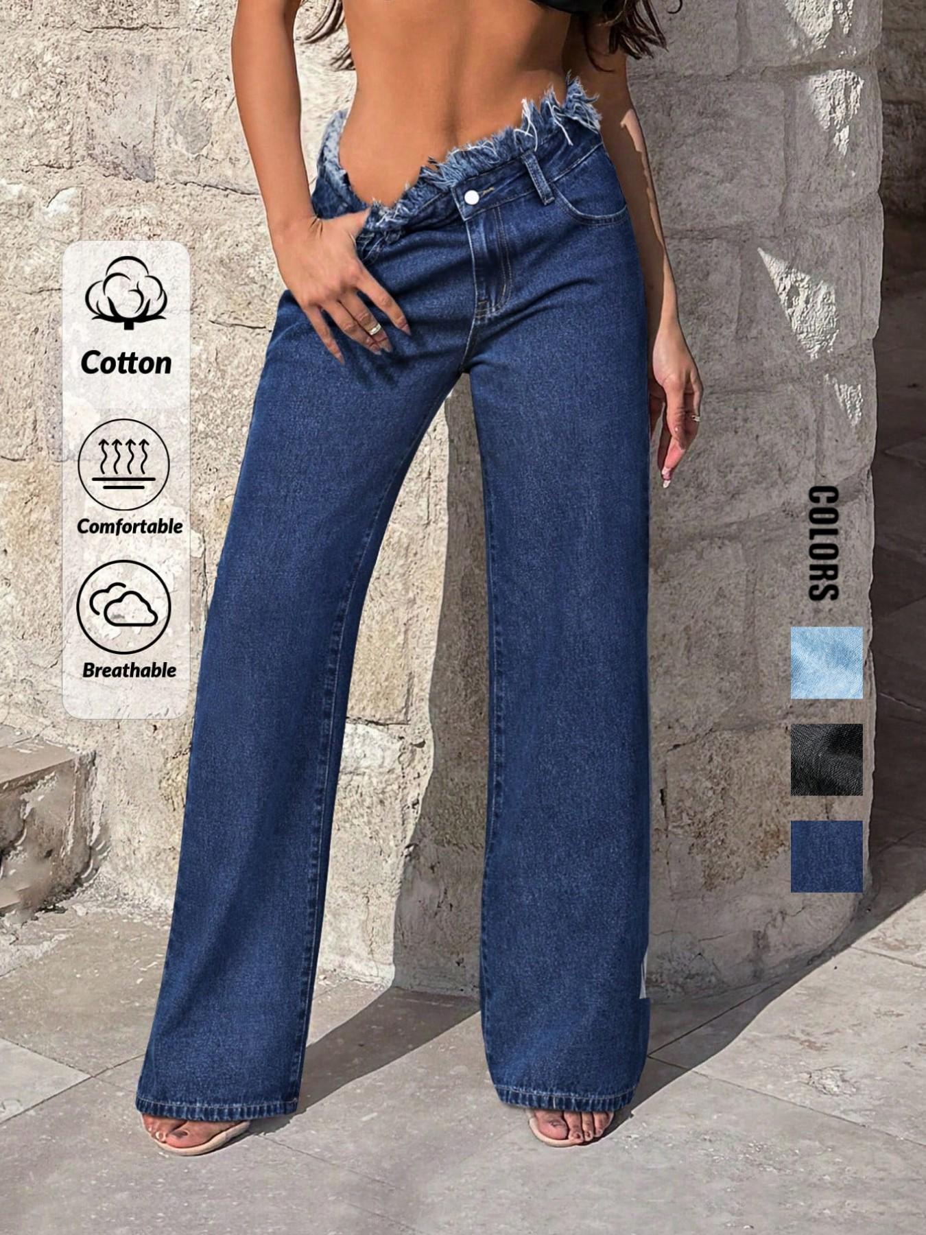 Women's High Waist Raw Hem Baggy Jeans, 2026 T-Chic All-Season Versatile Outdoor Casual Pants, Comfortable Outdoor Wear, Stylish Ladies' Bottoms