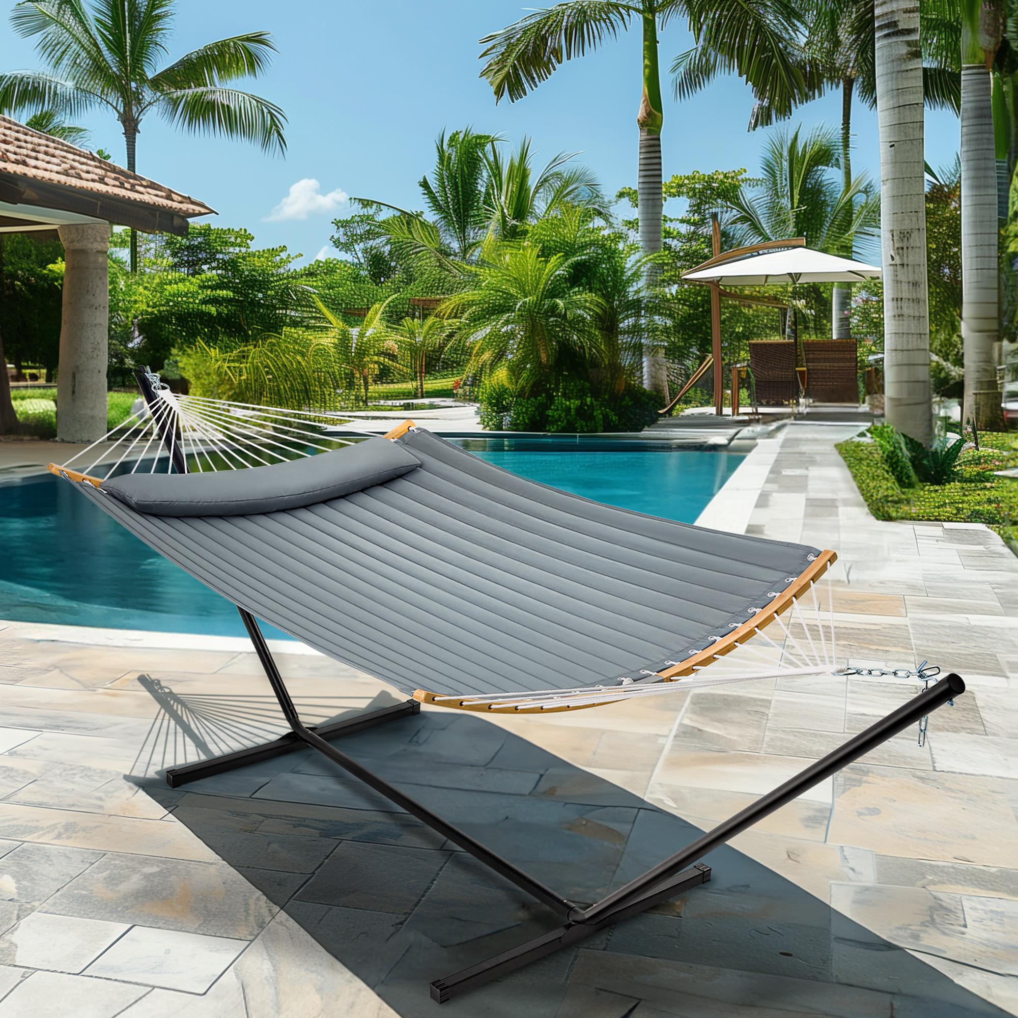 SUPERJARE Hammock with Stand, 2 Person Heavy Duty Hammock with Padded Cotton, Detachable Pillow & Strong Curved-Bar & Portable Carrying Bag, Perfect for Outdoor & Indoor