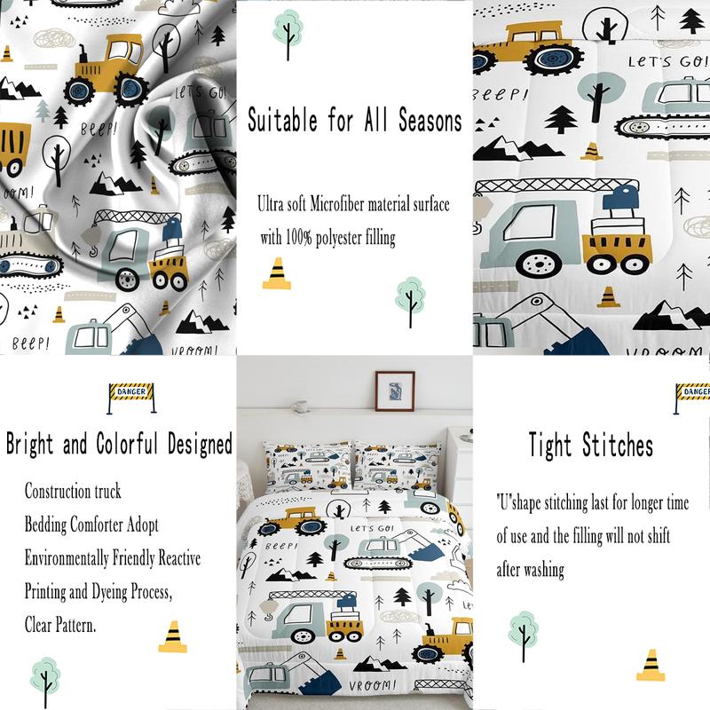 Cartoon Car Comforter Set,Construction Bedding Set,Room Decor Equipment Trucks Comforter All Season Excavator Tractor White Yellow Duvet Set