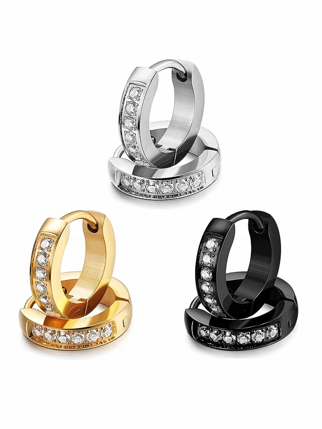 304 Stainless Steel Hoop Earrings, Cubic Zirconia Inlay, Unisex Fashion Jewelry, Casual Style, All Seasons, Random Print Design