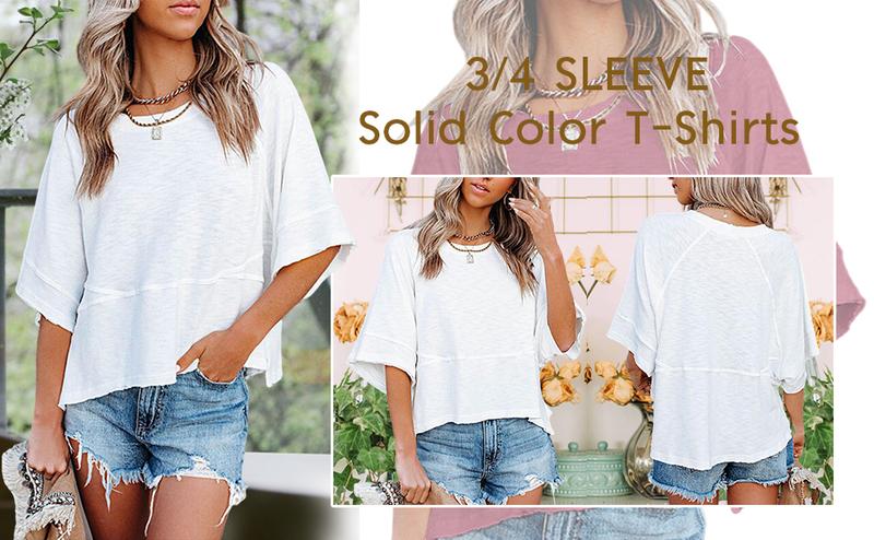 Danedvi Women's Summer Casual Crewneck Batwing Half Sleeve T-Shirts Solid Color Loose Fit Cute Basic Flowy Tops Tees Blouses Blue Fabric