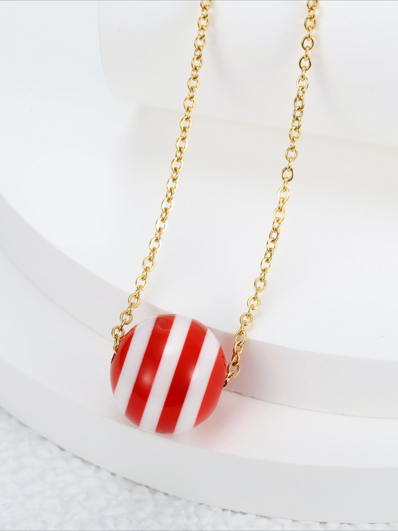 Summer Seaside Blue and White Striped Round Bead Necklace Stainless Steel Non Fading Seaside Vacation Versatile Accessories