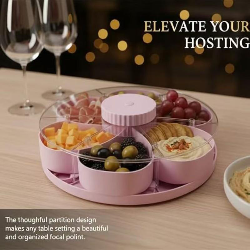 Rotating Divided Serving Tray with Spinning Lid, Multi-Compartment Food Organizer, Portable Travel Snack Box, Ideal Hostess Gift