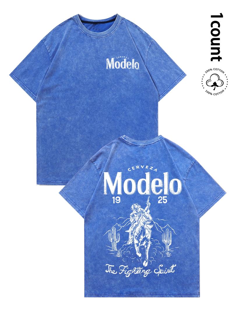 Unisex's 100% Cotton Washed Distressed Modelo Cowboy Tee, Regular Fit Street Fashion Casual Comfy Short Sleeve Crewneck T-shirt for Daily Wear, Western Clothing, All-match Top for Summer, Streetwear