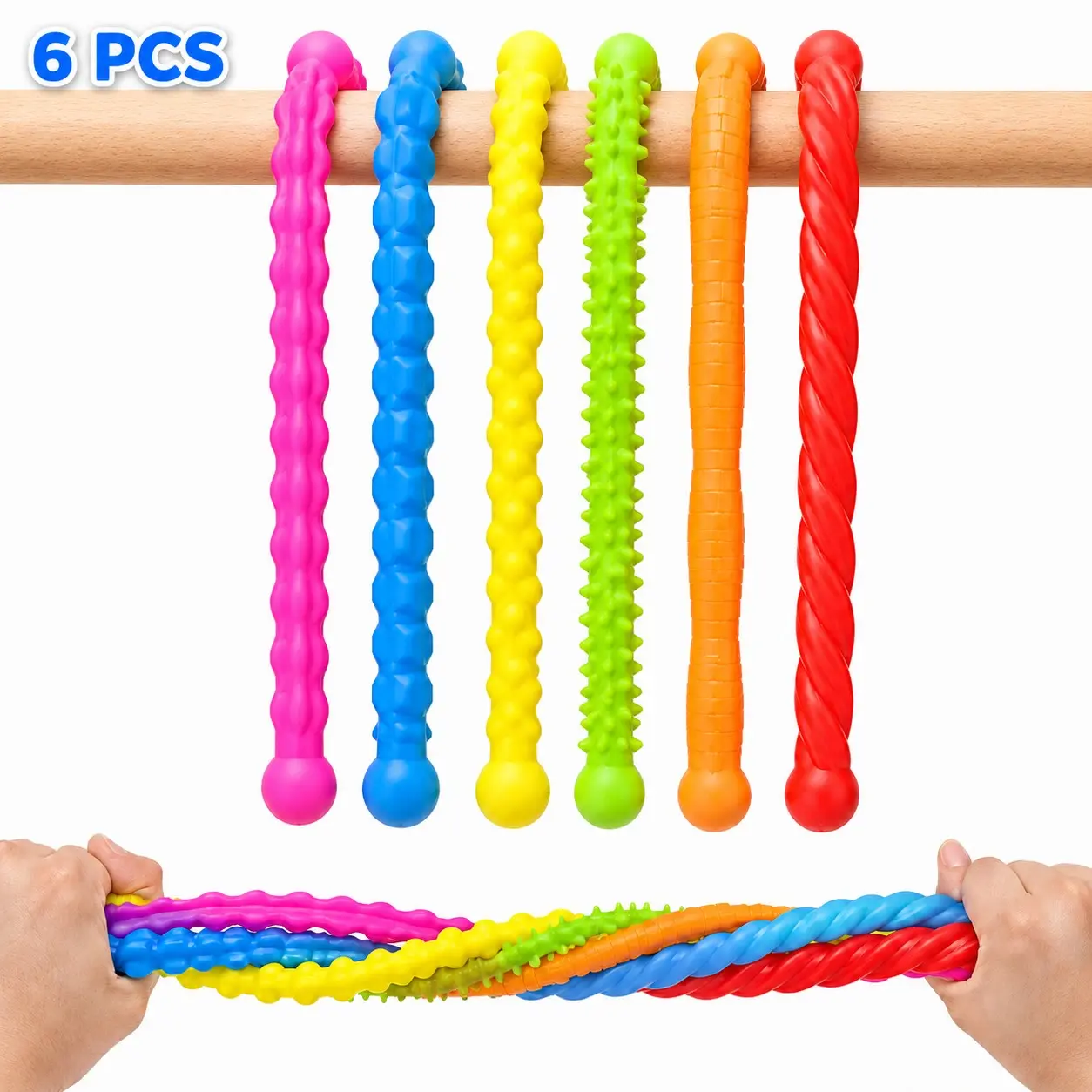 6 Pack Sensory Fidget Toys, Fidget Sensory Product, Food-Grade Silicone Sensory Fidget Sticks, Textured Flexible Stress Relief Sensory Twisting Sticks, Quiet Calming Toys for Kids Teens Adults, Classroom Travel Airplane Gifts