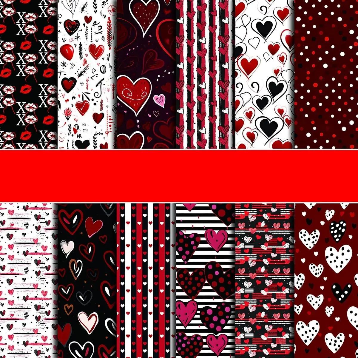 Valentine’s Day Scrapbook Paper 12 x 12 Double Sided Printing Red Black Heart Love Patterned Craft Paper for Card Making Photo Album Wedding Anniversary Party Decorative 24 Sheets