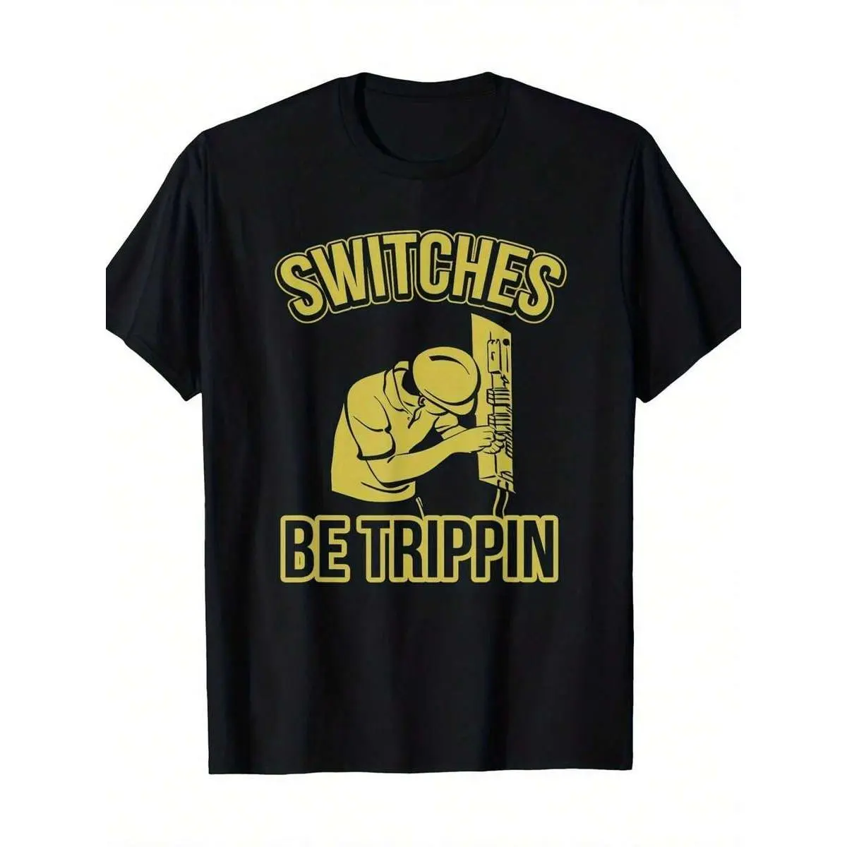 Men's Funny Electrician Graphic Menswear Top, Short-Sleeve Round Neck Casual T-Shirt with Switches Trippin Slogan, Circuit Design Black-Yellow Print, Lightweight Breathable Loose Fit Crew Neck Sports Top
