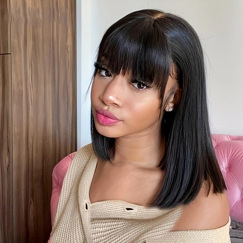 Bob Wig Human Hair With Bangs Glueless Straight 4x1 Transparent Lace Bob Wigs With Upgrade Breathable Bangs Natural Color for Women