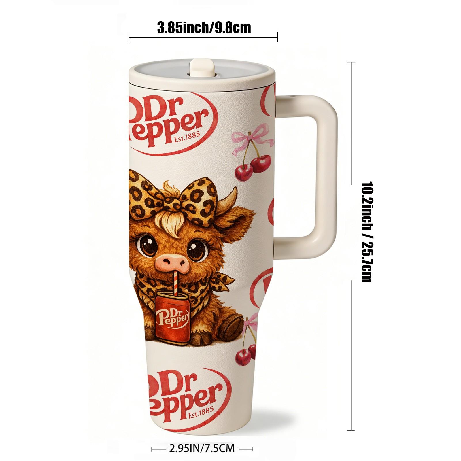 40oz insulated mug, Insulated tumbler, Dr Pepper soda print, leopard highland cow cartoon design, thermal mug, double wall vacuum stainless steel, straw lid with handle, leak proof, keeps hot 12 hours cold 24 hours, valentines birthday gift