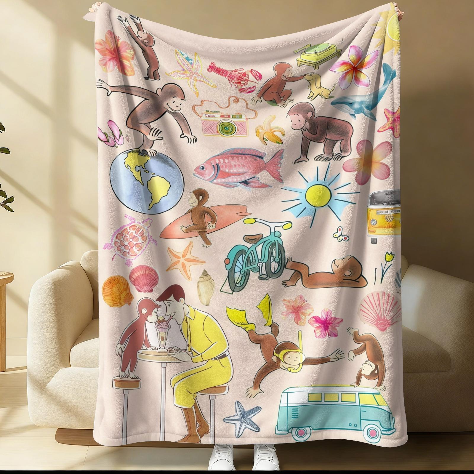 Curious George Lightweight Throw Blanket, Cute Cartoon Monkey Collage Summer Beach Nap Blanket, Soft Flannel Fleece Blanket for Office Couch Bed Travel, Ideal Gift for Curious George Fans Kids Teens Adults