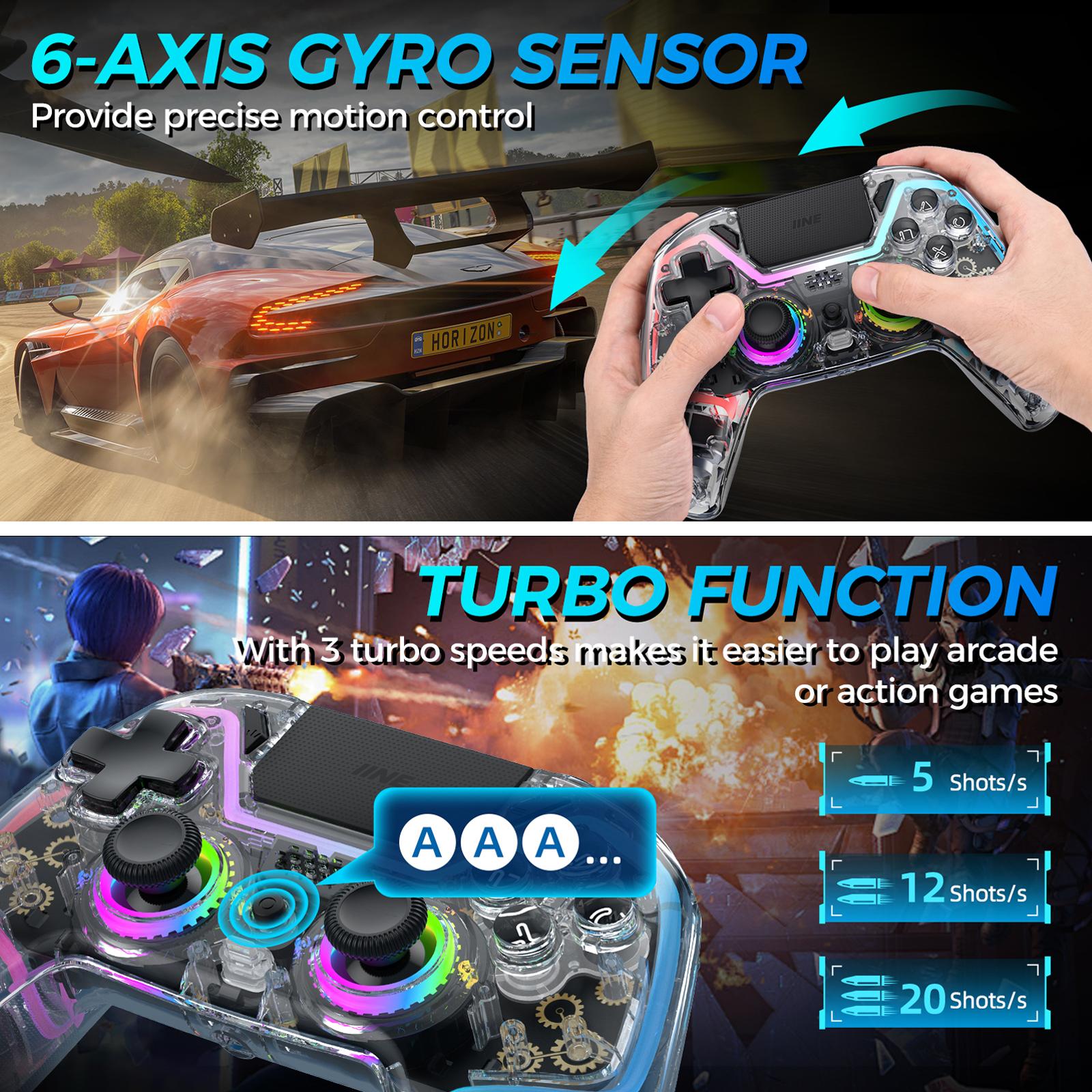 IINE Bastet Wireless Transparent Controller for PS4/Switch/PC/Android/iOs with Touchpad Hall Effect Trgger Hall Joystick Headphone Jack Macro & Turbo 6-Axis Gyro Sensor