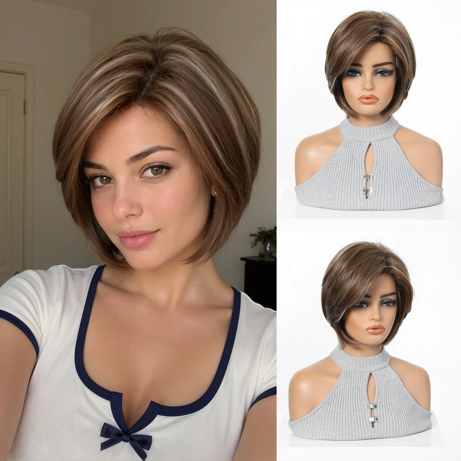 Women's Short Straight BOB Wig, Synthetic High Temperature Fiber Full Head Wig with Side Part, No-Glue, Natural Daily Wear Fashion Versatile Hairstyle
