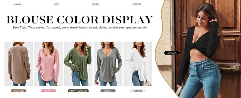 Danedvi Womens Deep V Neck Tunic Tops Long Sleeve Oversized Casual Loose Fit Curved Hem T Shirts