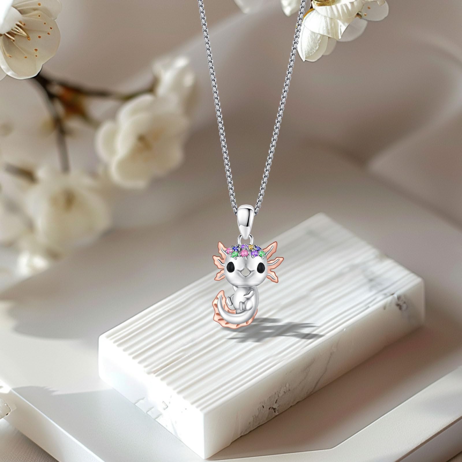 DRINSPER Axolotl Necklace 925 Sterling Silver Pendant Jewelry Gift Daily Wear Charm with Colorful Rhinestone Decor Necklace Gift for Women