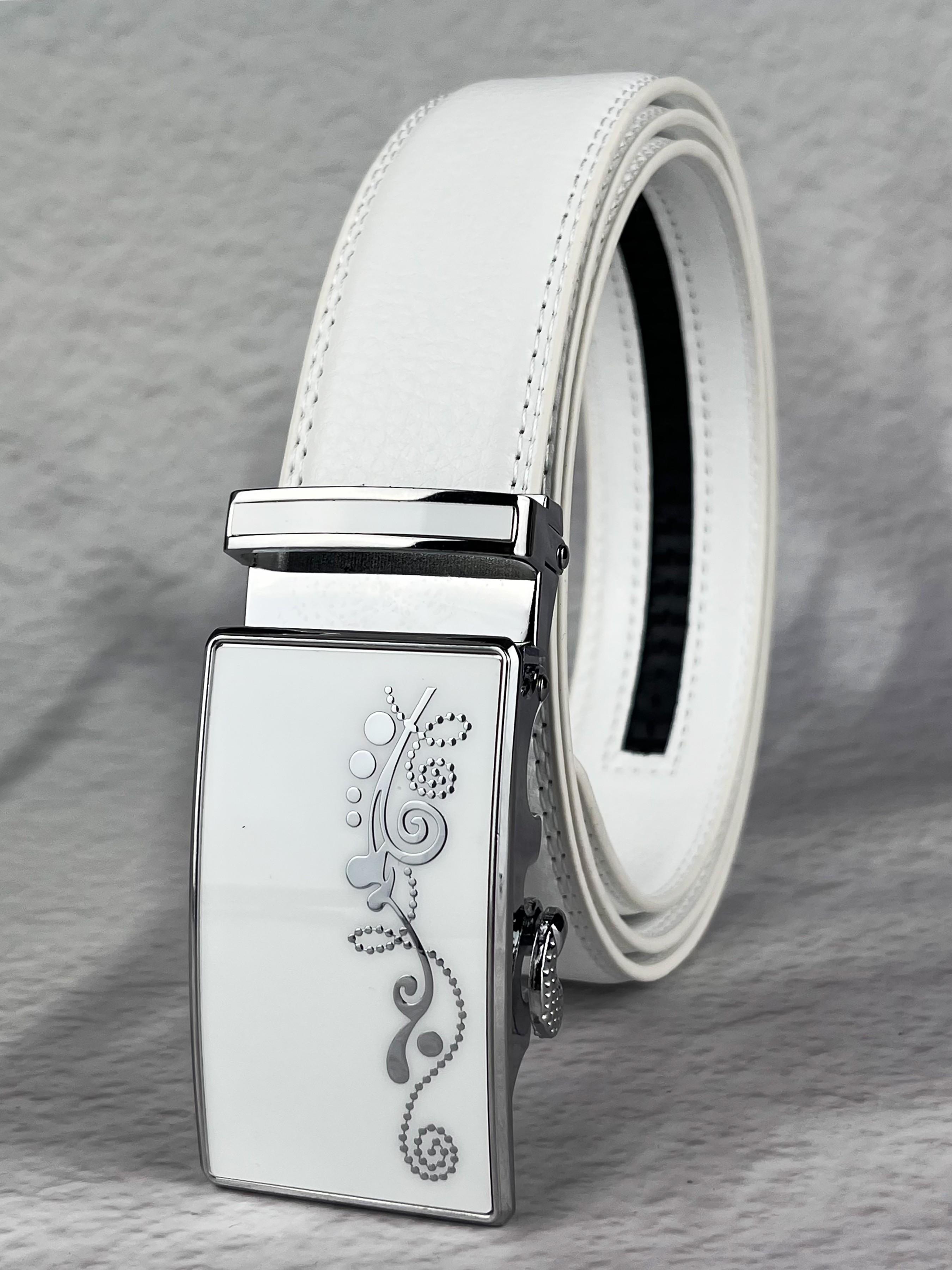 Men's and women's white alloy automatic buckle, 3.5cm/1.38in wide ratcheting slot white belt, elegant and stylish, suitable for daily commuting, outings, dates, and leisure vacations.