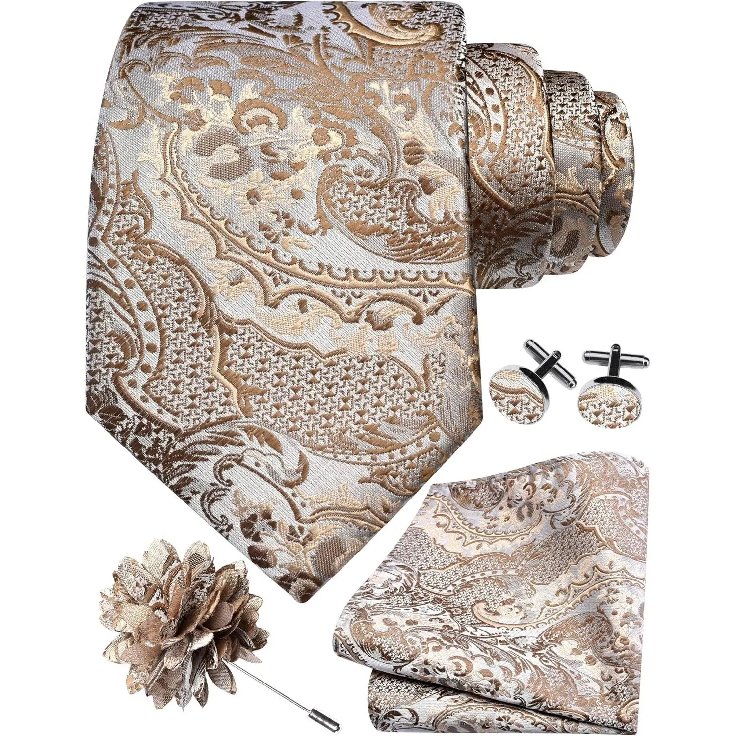 8cm Paisley Tie Set for Men with Necktie, Lapel Pin, Pocket Square and CufflinksGift