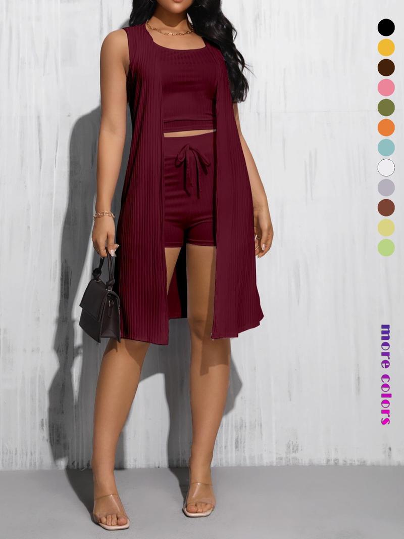 Women's Solid Ribbed Crop Tank Top & Drawstring Waist Shorts & Open Front Sleeveless Outerwear Three-Piece Set, Casual Fashion Cozy Three Piece Outfits for Daily Outdoor Wear, Casual Matching Set, Women Clothes for Summer