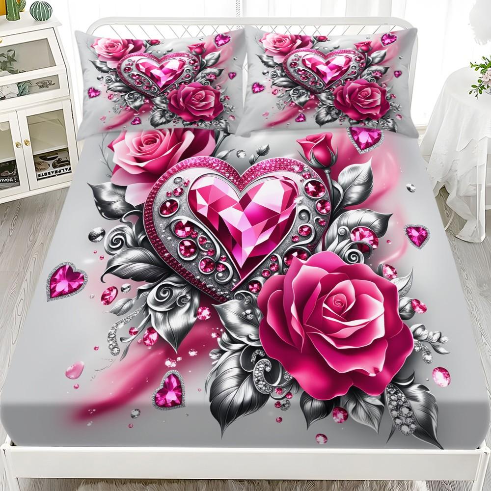 Valentine's Day Pattern Bedding Set, Soft Comfortable Sheet Set, Mattress Protector, Bedroom Guest Room Dorm Decor, Diverse Living Scenarios, 1 Fitted Sheet + 2 Pillowcases