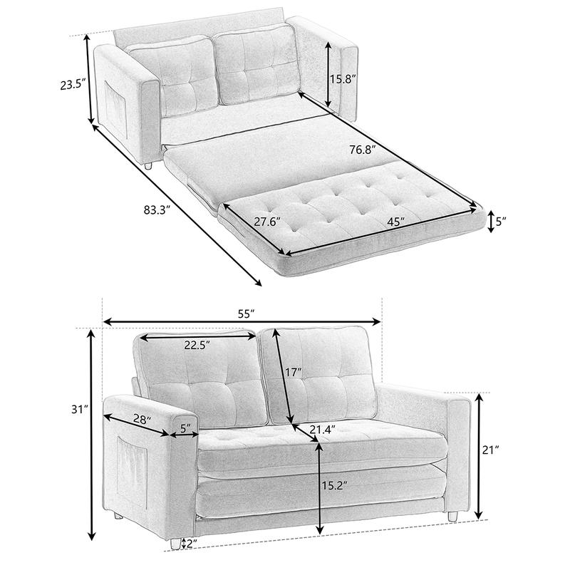 3 Fold Sofa,Convertible Futon Couch sleeper sofabed,Space saving loveseat,Pull Out Couch Bed for Living Room,Dark Gray, Velvet linen fabric