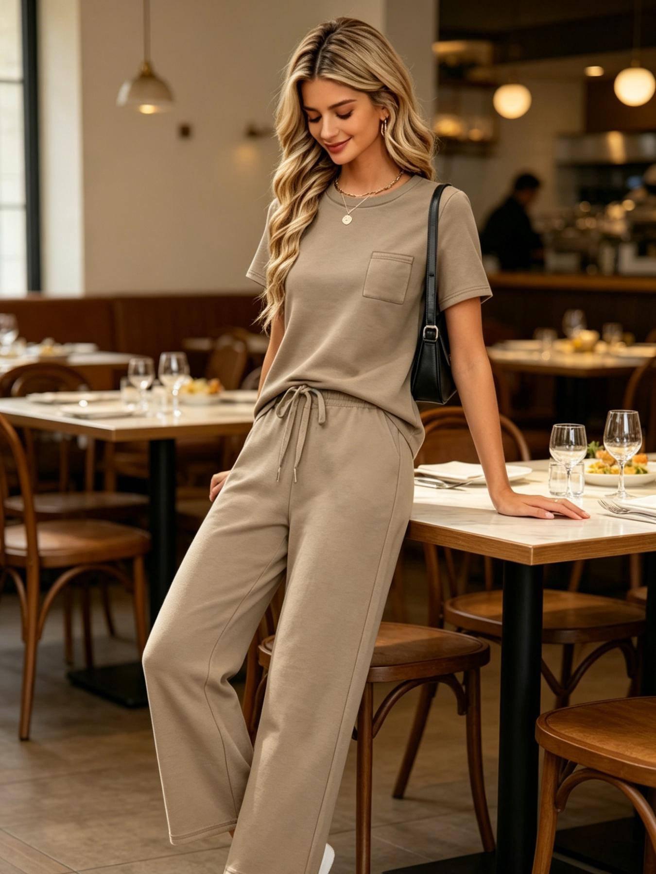 Women's Fashion Womenswear Solid Color Casual Round Neck Pocket T-Shirt + Drawstring Wide Leg Pants Set Loose Fit Slimming Wide Leg Pants Two-Piece Set Suitable for Summer Commuting to Work Shopping Outings Indoor and Outdoor Wear