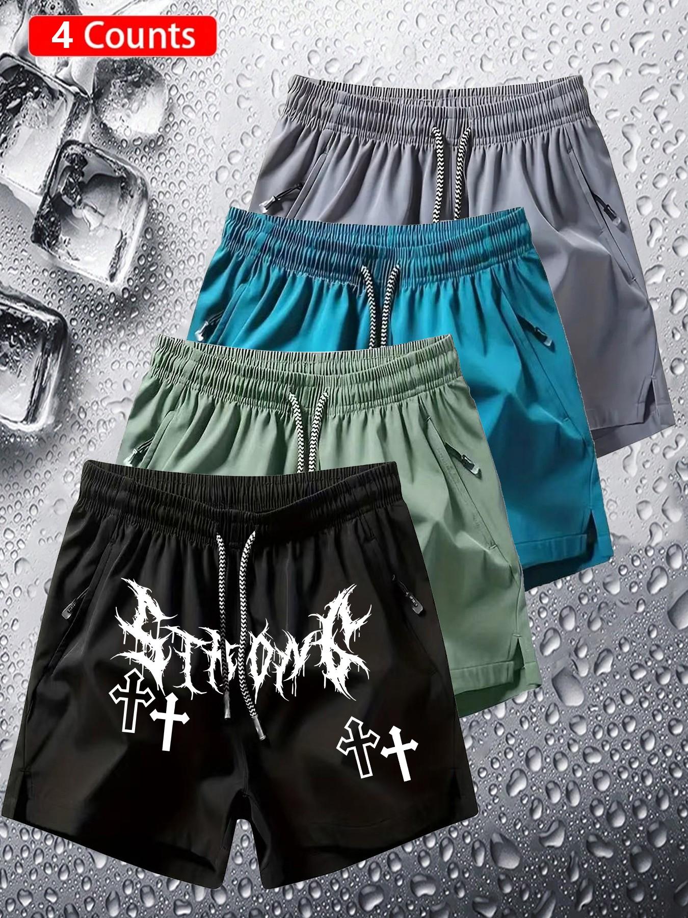 4-Pack Gothic Shorts, Dark Trendy, Unique Style, Strong Gothic Font Cross Print, Quick-Dry Breathable Fabric, Unisex, All Seasons