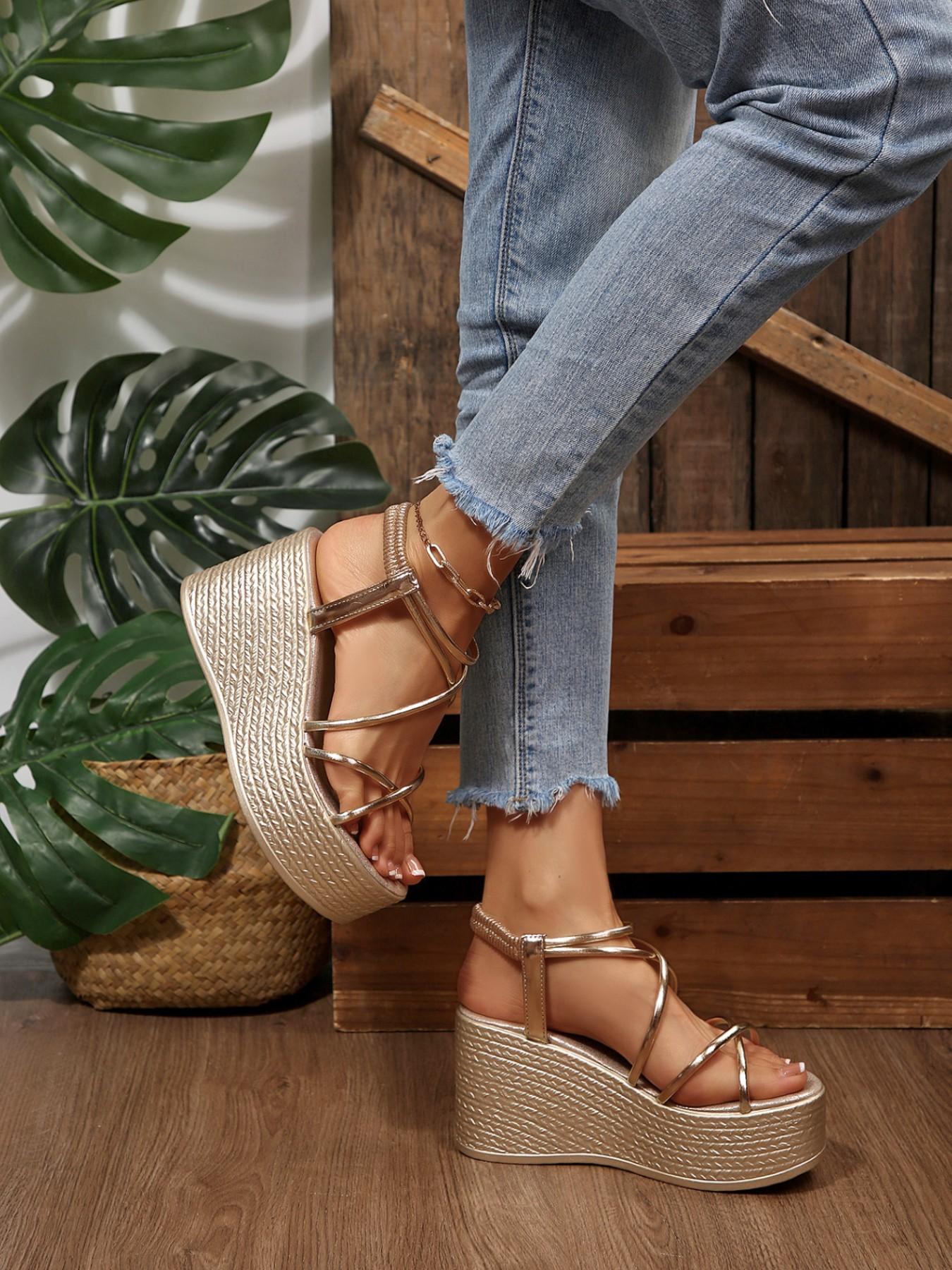 Summer New Thin Strap Cross Tie Open Toe Wedge Heel Thick Sole Sandals, Comfortable Casual Outdoor Wear, Height-Boosting Elastic Ankle Band, Vacation Style High Heel Sandals, Strappy Sandal