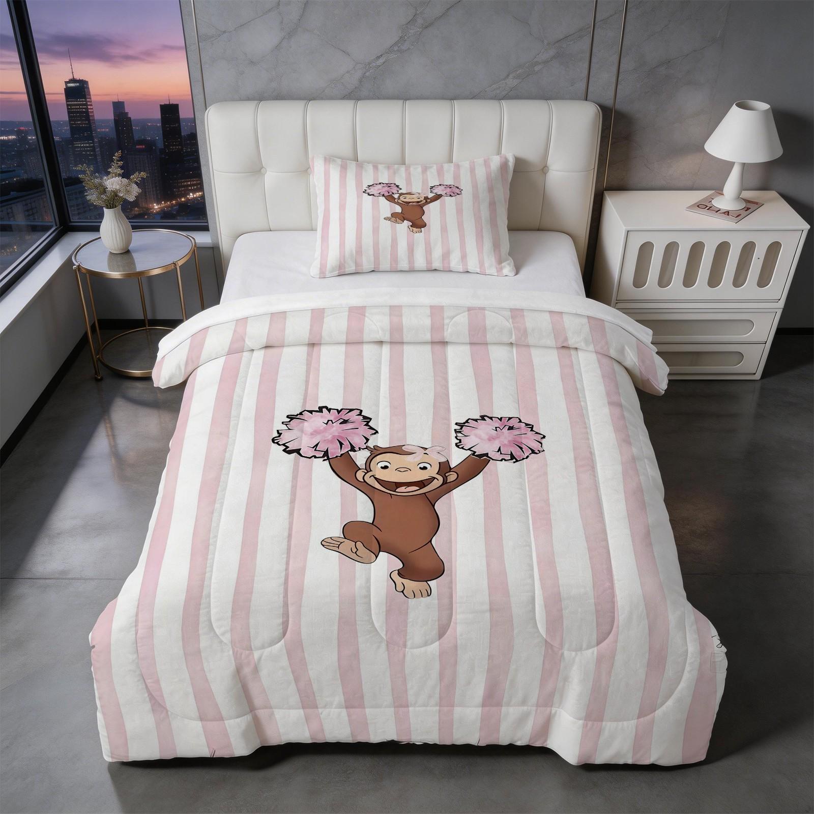 2/3 Piece Curious George Comforter Set, 1 Comforter + 1/2 Pillowcases, Cute Cartoon Monkey Cheerleader Diving Bedding, Kids Bedroom Decor for Girls Boys Teens, Ideal Gift for Curious George Fans