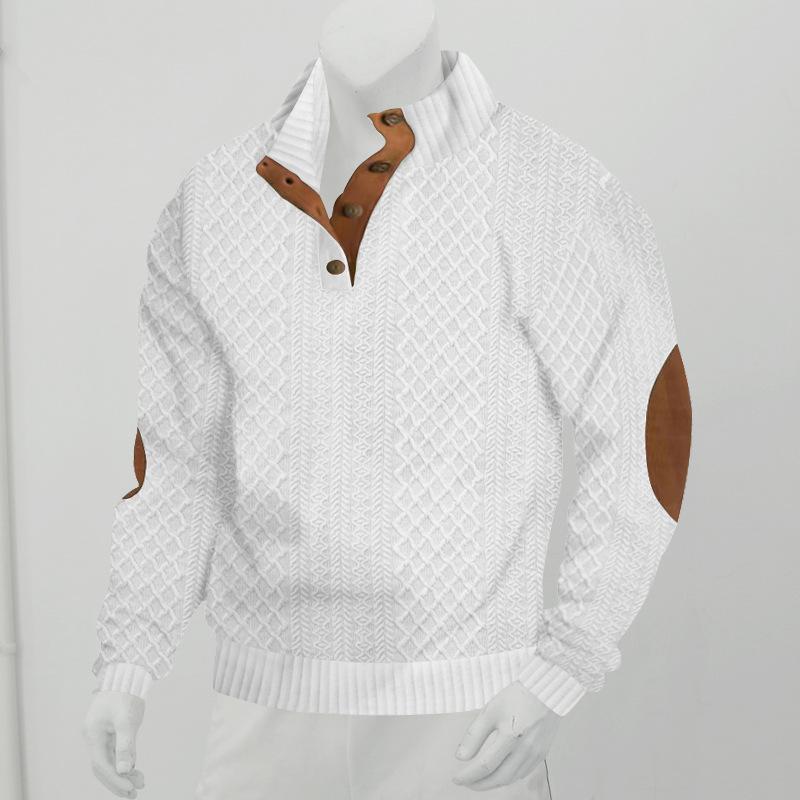 Men's Casual Long Sleeve Knit Pullover Sweater - Mock Neck, Button Collar, Elbow Patches Sports & Outdoor Top (Menswear Knitwear, longsleeves) White, Collared Neck sohochic