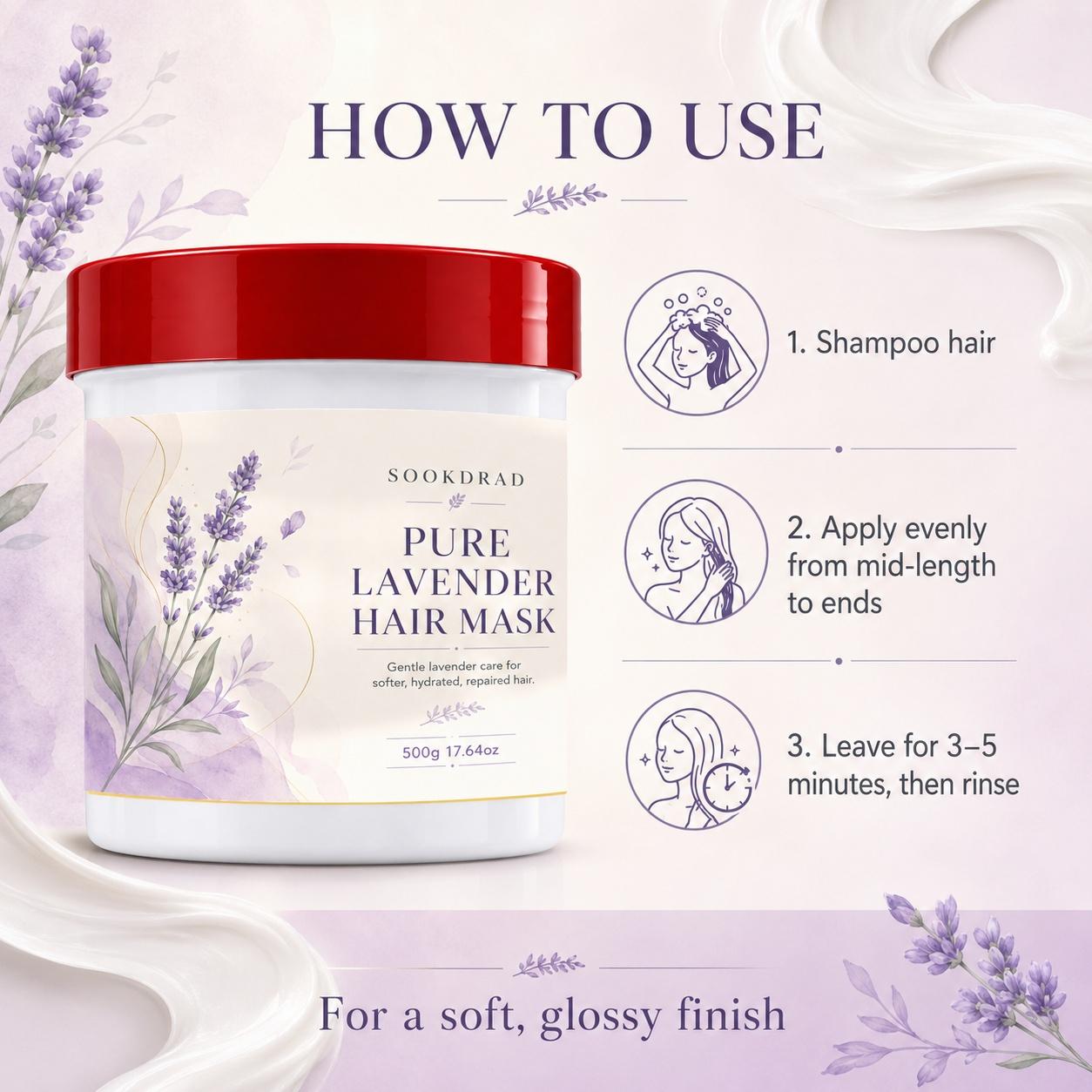 Pure Lavender Hair Mask, pure lavender, gentle care, softening, hydrating, repairing, for hair, 17.64oz, 500g