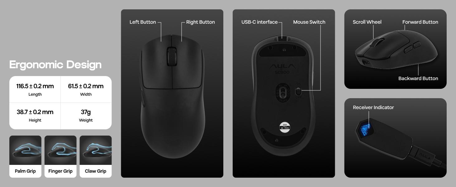 Aula SC800 Wireless Gaming Mouse, 8k Polling Rate, PAW3395, Programmable Buttons, On-Board Memory, 37g Lightweight, Adjustable 26,000 , 250mAh Battery, PC/MAC/Linux