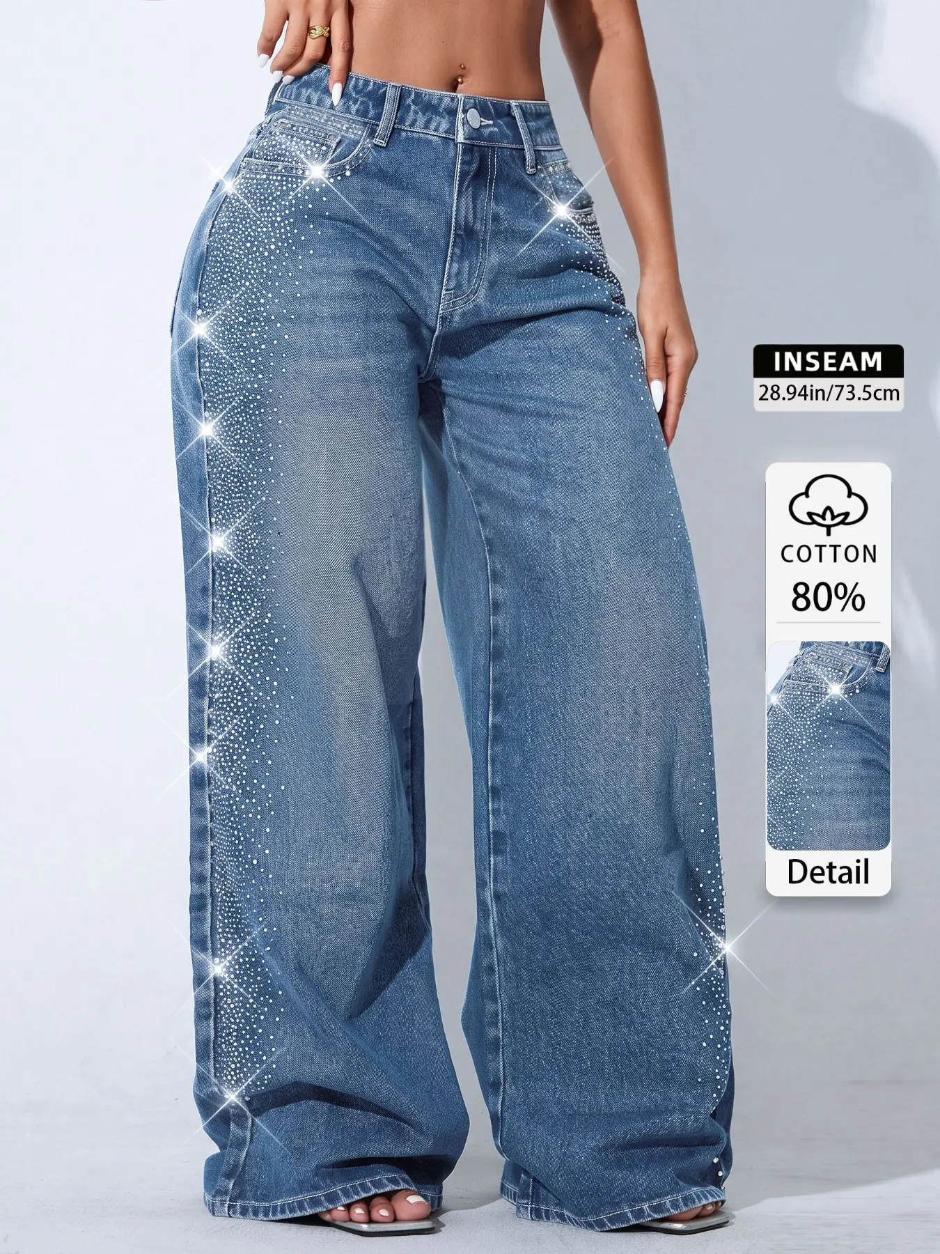 Street Style Mid-Rise Wide Leg Jeans with Side Rhinestones, Whisker & Acid Wash Denim for Women, Slimming Casual Trendy Pants, Summer All-Season Latina Outfit, Elegant Chic Bottoms