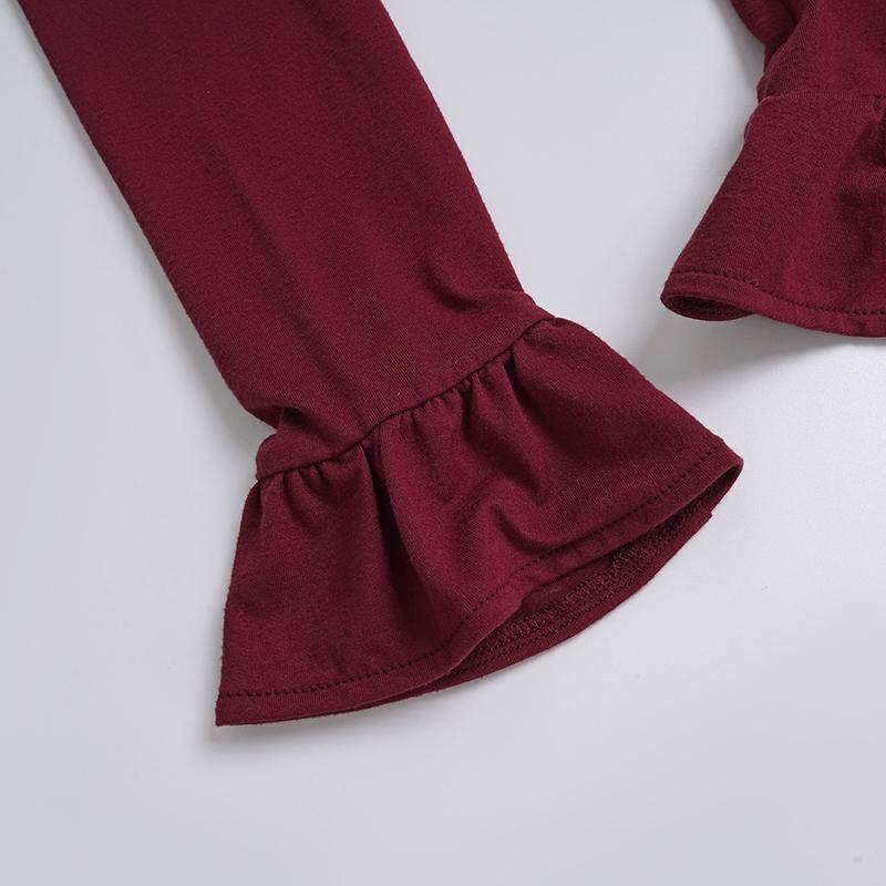 Elegant Flared Bell Sleeve Buttoned Slim Fit Women's T-Shirt, Bow Tie Ruffle Hem Street Style Top, Y2K Patchwork Long Sleeve Tee