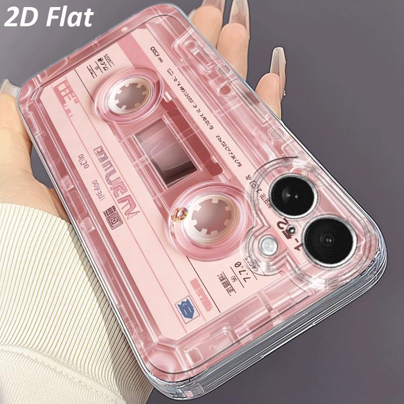 Phone Case: 2D Flat Cassette Tape Pink Transparent Phone Case, Suitable for iPhone 17 Air 16 15 14 13 12 11 Pro Max X XS XR XSMAX 7 8 6 6S Plus 16E, Creative TPU Durable Drop-Proof Transparent Protective Phone Cover, 2D Flat