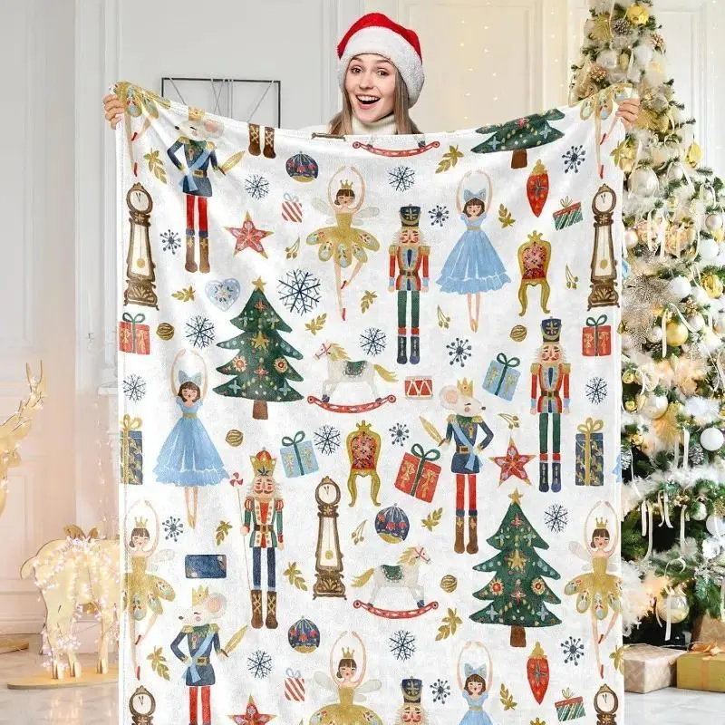 Nutcracker Fuzzy Blanket - Christmas Watercolor Nutcracker & Ballet Throw Blanket Xmas Cartoon Soft Flannel for Bed Sofa Couch
