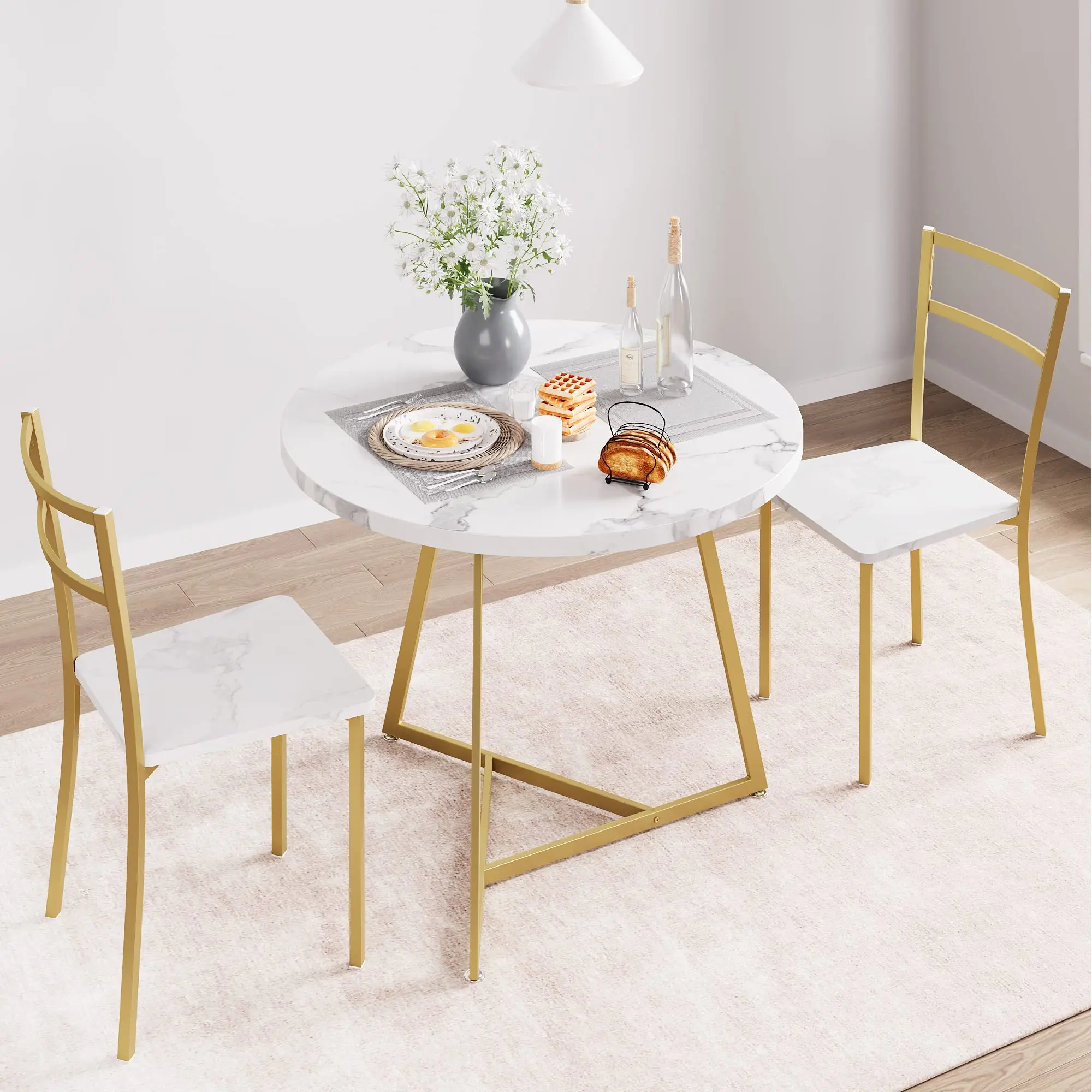 Dining Table Set for 2, Round Kitchen Table and Chairs, Modern Dining Room Table Set with 2 Chairs, Metal Frame, Kitchen Table Set for Small Space, Apartment