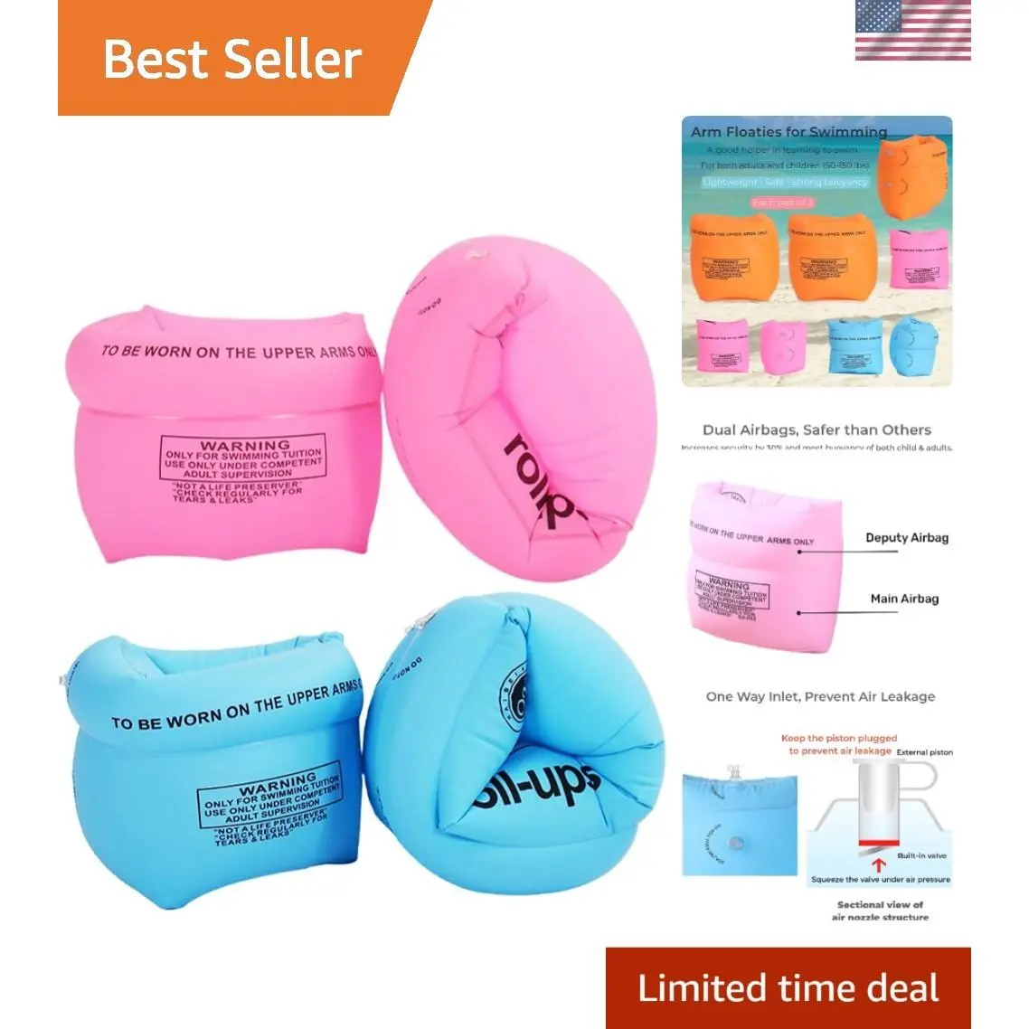 Inflatable Arm Floaties 4-Pack for Water Sports Swimming Training - Summer Safety, 2 Blue, 2 Pink - Toddler to Adult Swim Training Equipment