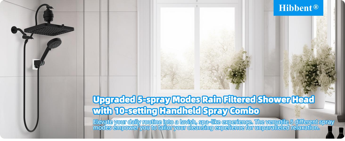 Hibbent Upgraded 5-spray 13'' Dual Filtered Rainfall Shower Head Combo, High Pressure 10-setting Handheld Shower Head with 12'' Adjustable Extension Arm, 20 Stage Shower Filter, 71'' Hose, Matte Black