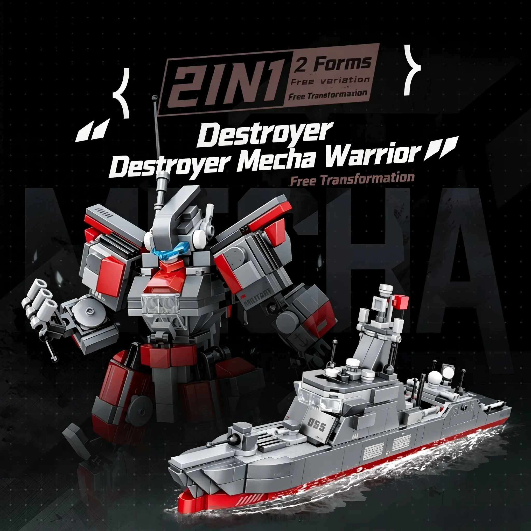 2‑in‑1 Military Transform Building Bricks,Destroyer Warship to Mecha Robot DIY Assembly Model Kit,512 PCS Posable Mecha Building Blocks,Creative Educational Construction Toy,Perfect Birthday Holiday Gift for Boys Children Age 6 and Up
